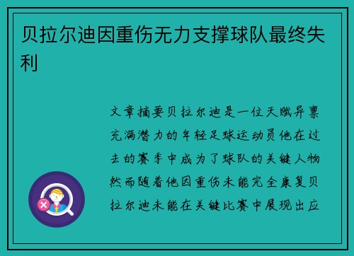 贝拉尔迪因重伤无力支撑球队最终失利